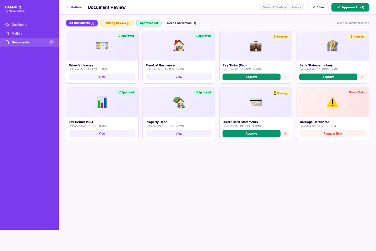 CaseHug document review — attorney approving uploaded client documents in one click