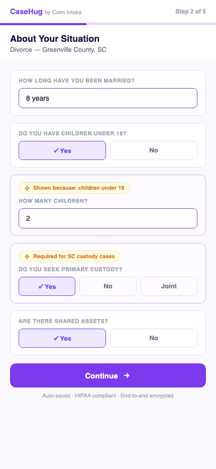 CaseHug smart intake form on mobile β conditional fields in action