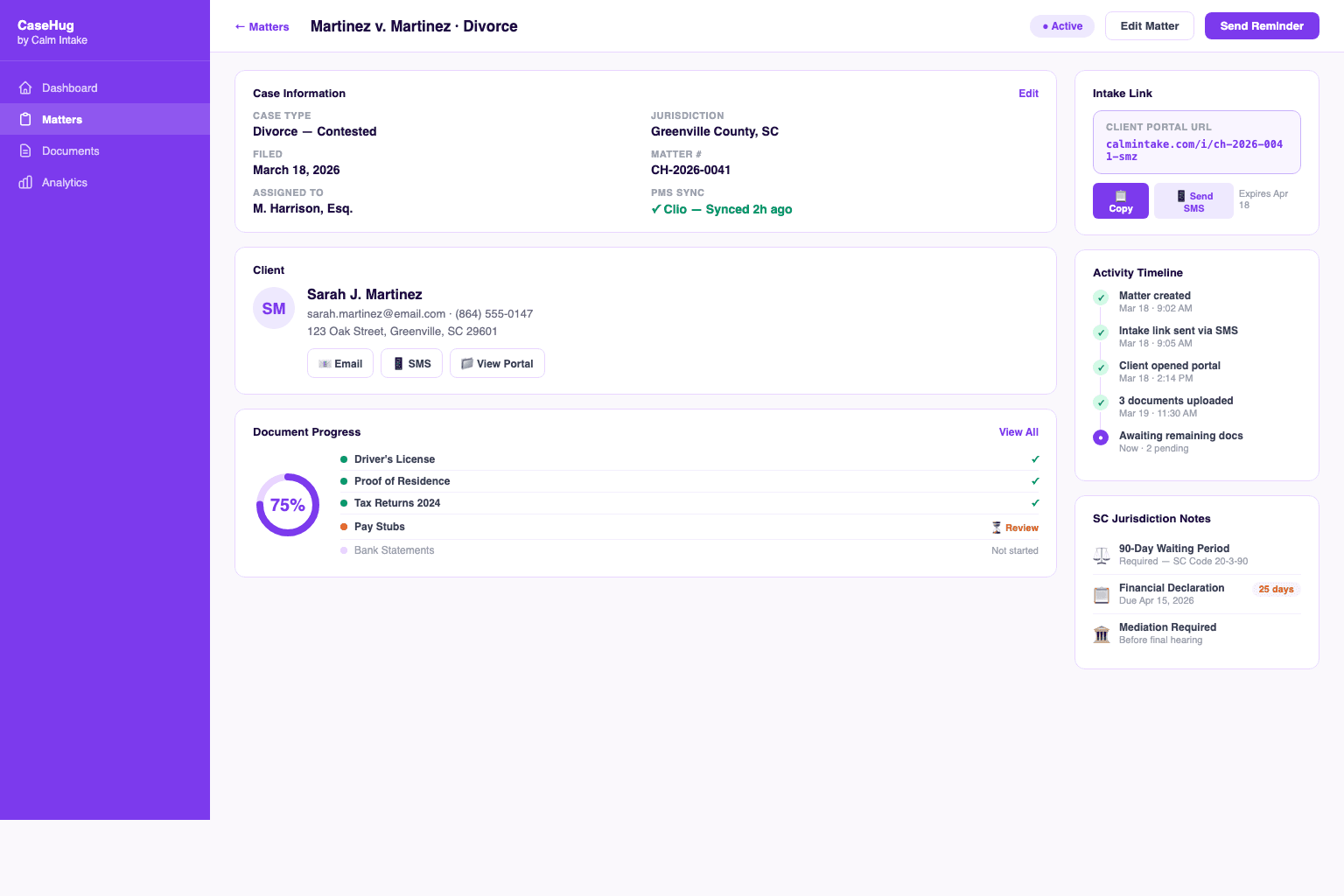 CaseHug matter detail — intake link, document progress, and jurisdiction notes