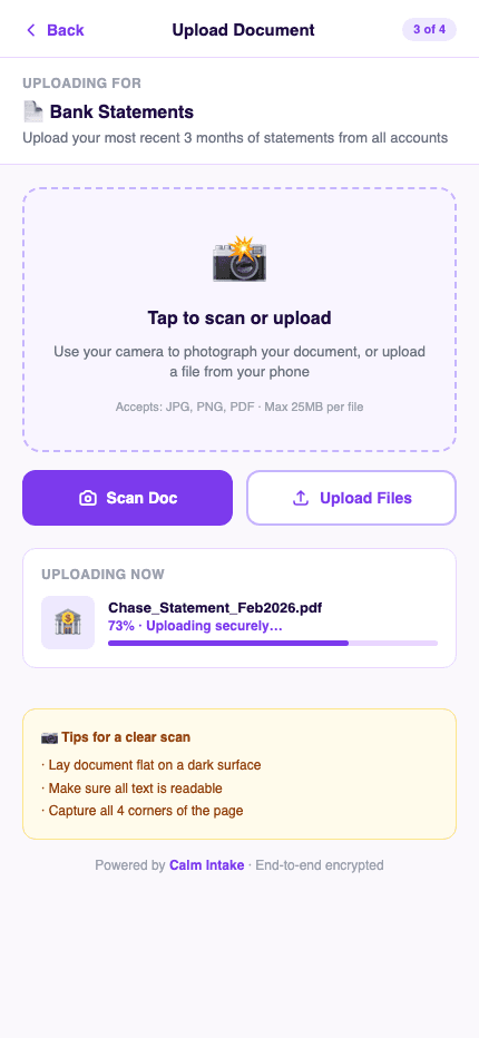 CaseHug document collection portal β client uploading documents on mobile