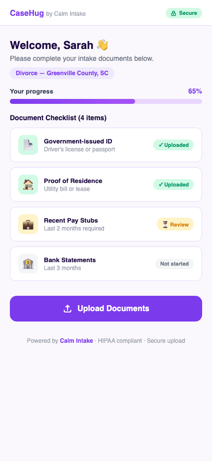 CaseHug mobile client portal showing document checklist and upload interface