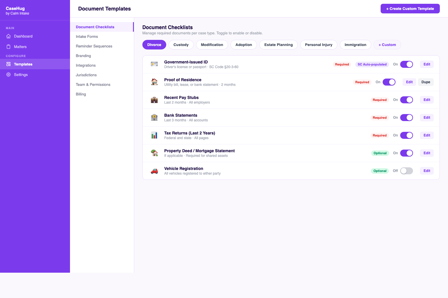 CaseHug template management β configure document requirements per case type and jurisdiction